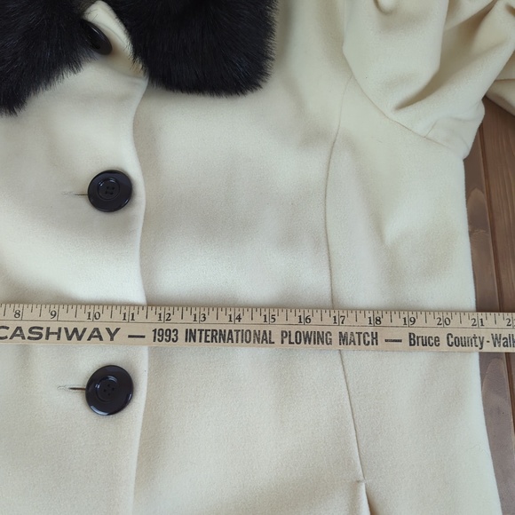 Cashmere Wool Blend Off-White Black Faux Fur Collar Long Coat - Picture 12 of 16